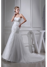 Embroidery Beding V-neck Ruching Mermaid Court Train Wedding Dress