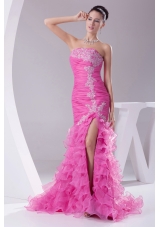 Mermaid Hot Pink Appliques Ruching Ruffled Layers Prom Dress