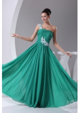 One Shoulder Green Appliques Empire Long Prom Dress