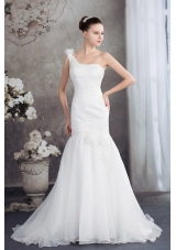 One Shoulder Mermaid Ruching Hand Made Flowers Wedding Dress