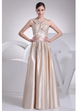 Straps Beading Satin Champagne Prom Dress