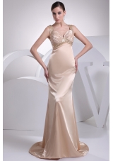 Straps Champagne Beading Column Brush Train  Prom Dress