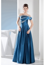 Teal Column Off the Shoulder long Beading Prom Dress