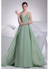 V-neck Beading Brush Train Apple Green Prom Dress