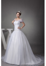 V-neck Court Train Appliques Ball Gown Wedding Dress