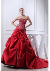 Wine Red Embroidery Pick-ups Chapel Train Ball Gown Wedding Dress