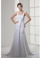 2013 Square Neck Lace Wedding Dress With Court Train