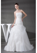 A-line Pick-ups Ruching Appliques Strapless Wedding Dress