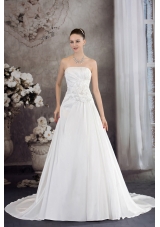 A-line Strapless Hand Made Flower Appliques Court Train Wedding Dress