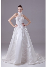 Appliques High Neck Taffeta Wedding Dress with Court Train