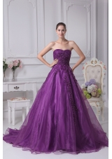 Appliques Sweetheart  A-Line Chapel Train Wedding Dress in Purple