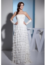 Embroidery Ruffles Layers Strapless Column Floor-length Wedding Dress