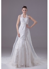 Lace Beading and Appliques Court Train Mermaid Halter Wedding Dress