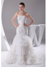 Mermaid Beading Ruffled Layers Brush Train Wedding Dress
