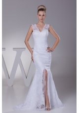 Mermaid V-neck High Slit Brush Train Wedding Dress