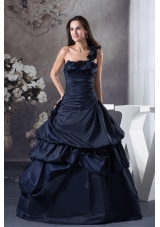 Navy Blue One Shoulder Hand Made Flowers Quinceanera Dress