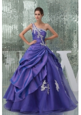 One Shoulder Appliques Purple Long A-line Quinceanera Dress