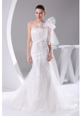 One Shoulder Mermaid Sash Brush Train Wedding Dress