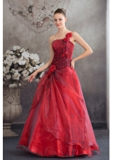 Red One Shoulder Hand Made Flowers A-line Prom Dress