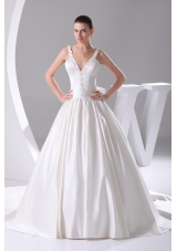 Romantic A-Line Straps Court Train Satin Beading Wedding Dress