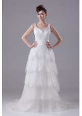 Ruffled Layers Lace Brush Train Column Scoop Wedding Dress