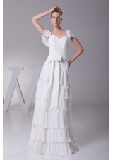 Ruffled Layers Sash V-neck Cap Sleeves Wedding Dress