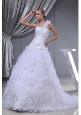 Ruffles Hand Made Flowers A-line One Shoulder Beading Wedding Dress