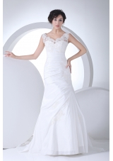 V-neck Column Appliques Ruching Brush Train Wedding Dress