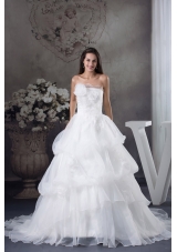 White A-line Hand Made Flowers Court Train Wedding Dress