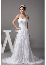 A-line Spaghetti Straps Lace Court Train Wedding Dress