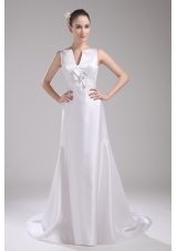 A-line V-neck Hand Made Flower Satin Wedding Dress