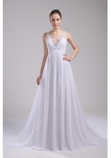 A-line V-neck Ruching Beading Wedding Dress