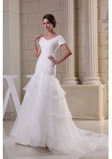 Appliques and Ruching V-neck Short Sleeves Wedding Dress