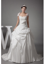 Appliques Ball Gown Cap Sleeves Square Neck Wedding Dress