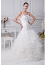 Appliques Court Train Mermaid Strapless Wedding Dress