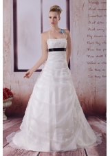 Appliques Halter Brush Train A-Line Wedding Dress in White