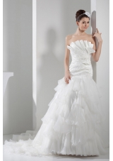 Appliques Pleats Strapless A-line Court Train Ruffled Layers Wedding Dress