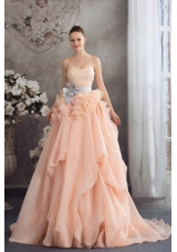 Baby Pink A-line Strapless Ruffles Sash Court Train Wedding Dress