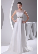 Bateau A-line Beading Brush Train Wedding Dress