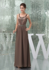 Beaded Decorate Shoulder Brown Straps Long Mother of the Bride Dress