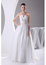 Beading and Belt Column Strapless long Wedding Dress