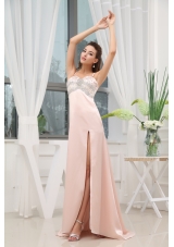 Beading High Slit Straps Brush Train Prom Dress