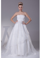 Beading Strapless Court Train A-Line Wedding Dress with Zipper-up