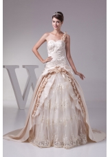 Champagne One Shoulder Hand Made Flowers Embroidery Wedding Dress