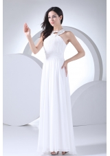 Column High-neck Ruching Beading Wedding Dress