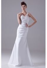 Column Straps Hand Made Flower Ruching Wedding Dress