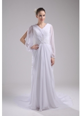 Column V-neck Ruching Long Sleeves Wedding Dress