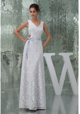 Column V-neck Sash Lace Long Wedding Dress