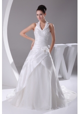Court Train Ruching Halter A-Line Wedding Dress with Lace-up