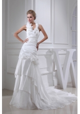 Hand Made Flowers Column Halter Chapel Train Wedding Dress